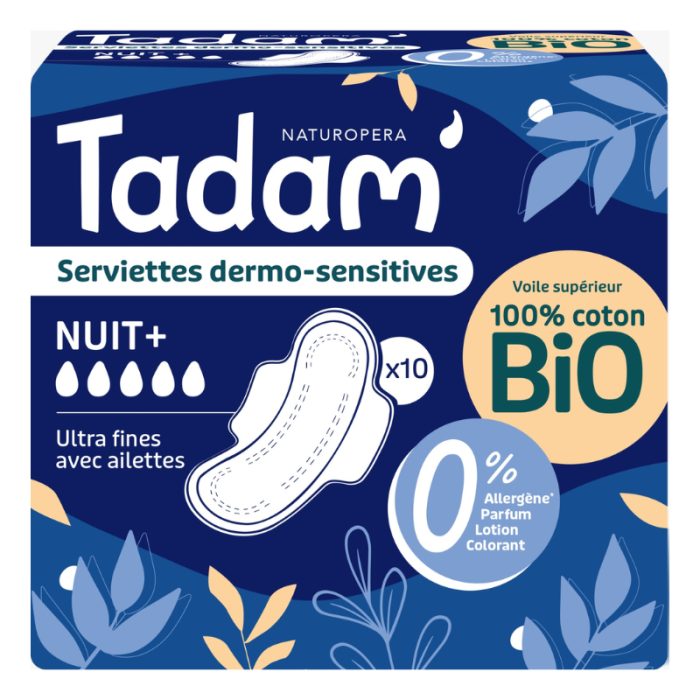 tadam-tadam-10-serviettes-dermo-sensitives-nuit-coton-bio-ultra-fine-avec-ailettes-protection-hygienique.jpg TADAM 10 SERVIETTES DERMO SENSITIVES NUIT + COTON BIO ULTRA FINE AVEC AILETTES – Image 1